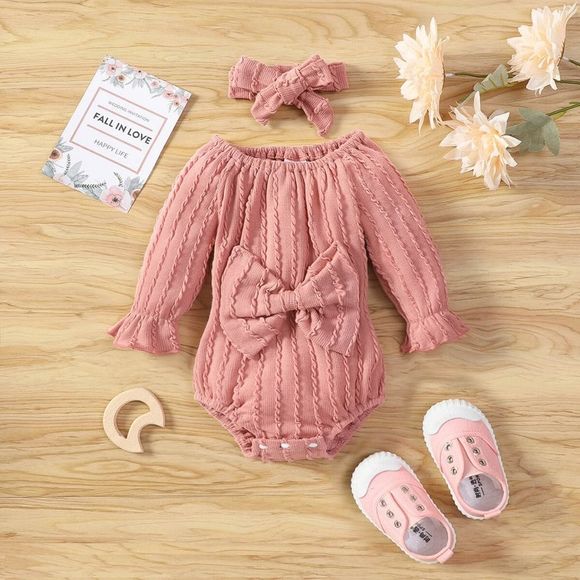 🔥NWT Sweet Rose Colored Baby Girl Bow Detail Textured Bodysuit - Picture 1 of 6